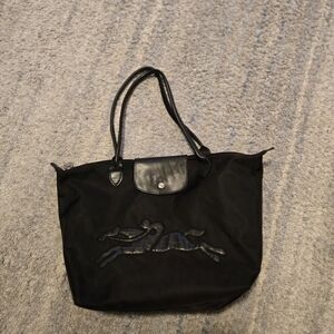 ​Longchamp Le Pliage Club, Embroidered Horse Tote, Black Nylon Shoulder Bag